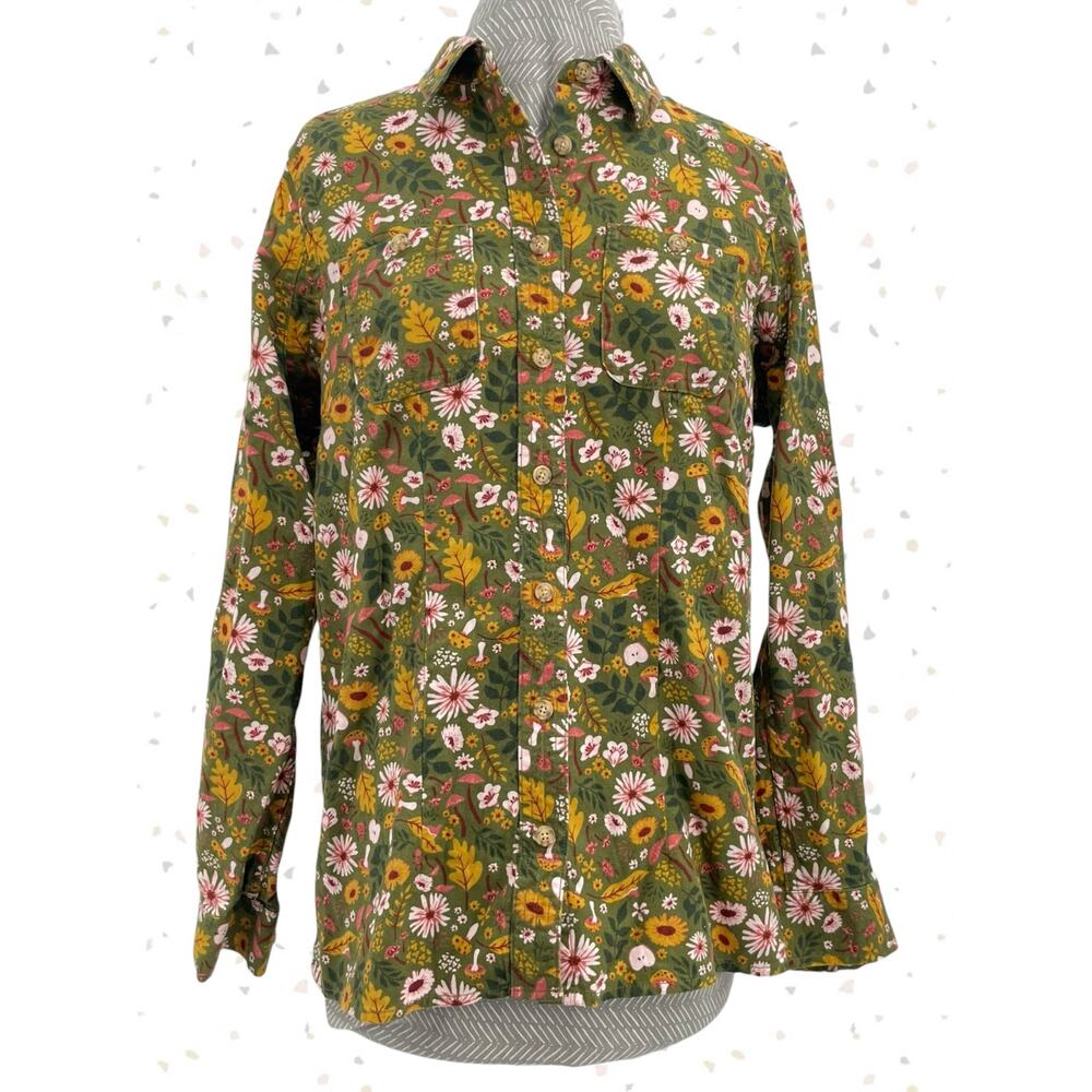 Duluth Trading Green Earthy Floral Shacket Flannel Cotton Button Down Top Size S